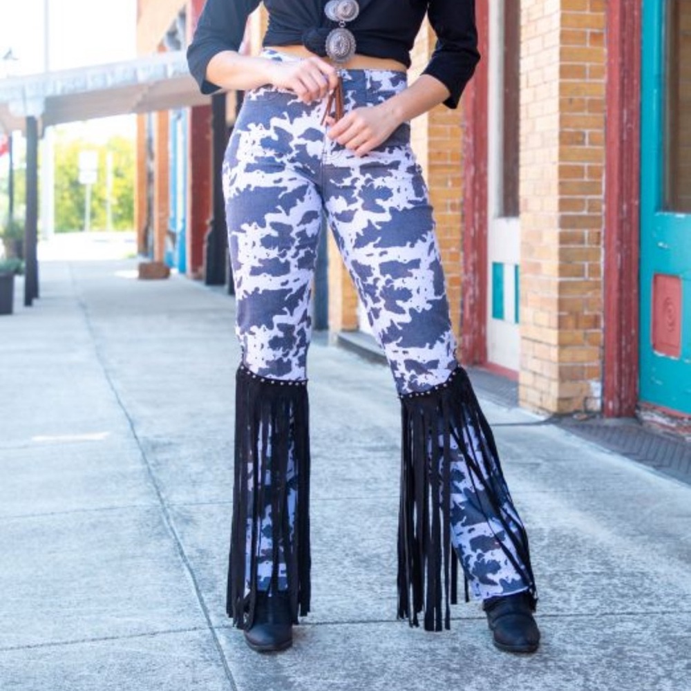 Stylish Cow Print Jeans and White Fringe Pants